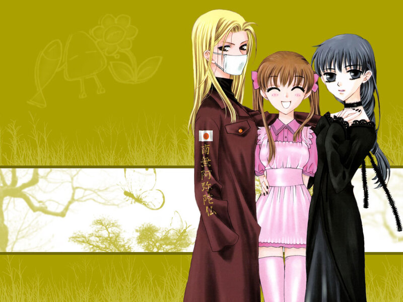 three anime girls in a field