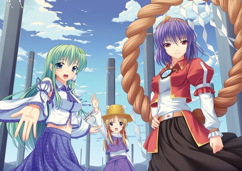 three anime girls in a field