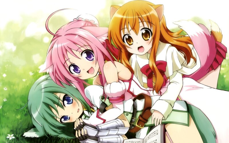 three anime girls in a field