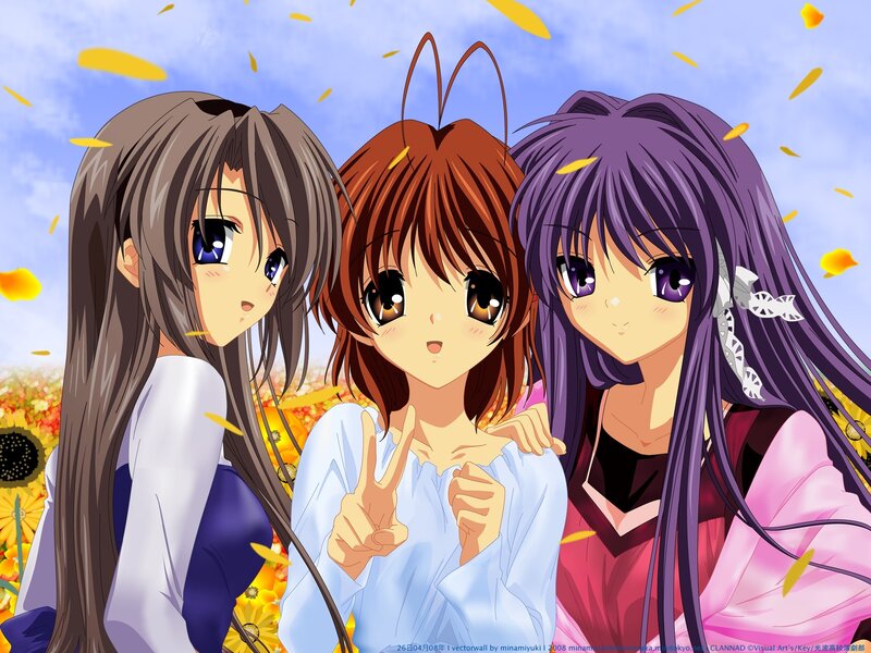 Three anime girls in a field