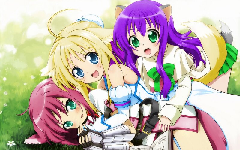 three anime girls in a field