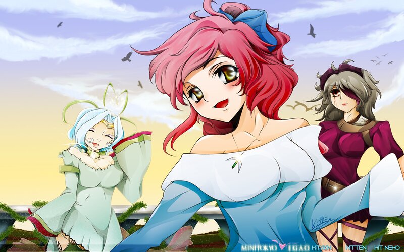 Three anime girls in a field