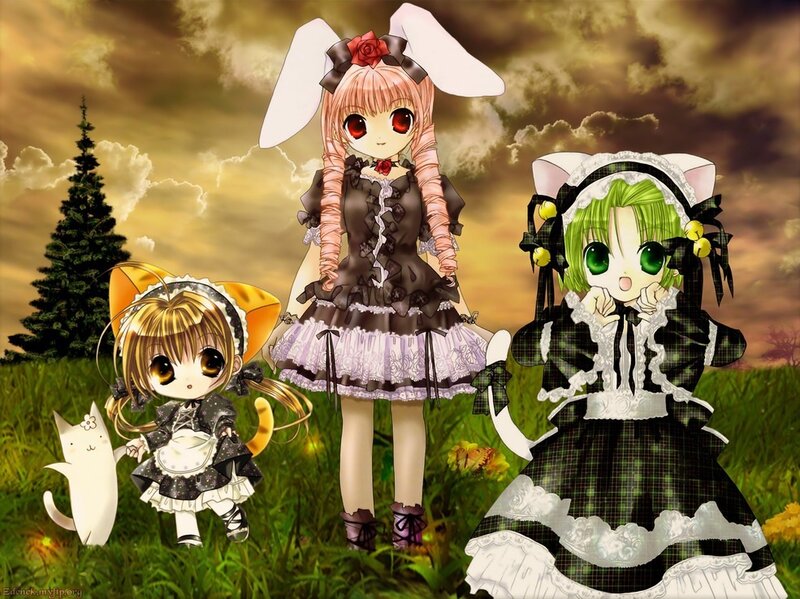 Three Anime Girls in a Field — Green