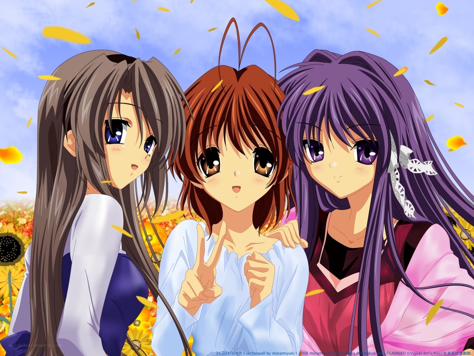 three anime girls in a field