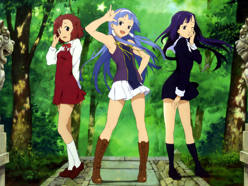 Three anime girls in a forest