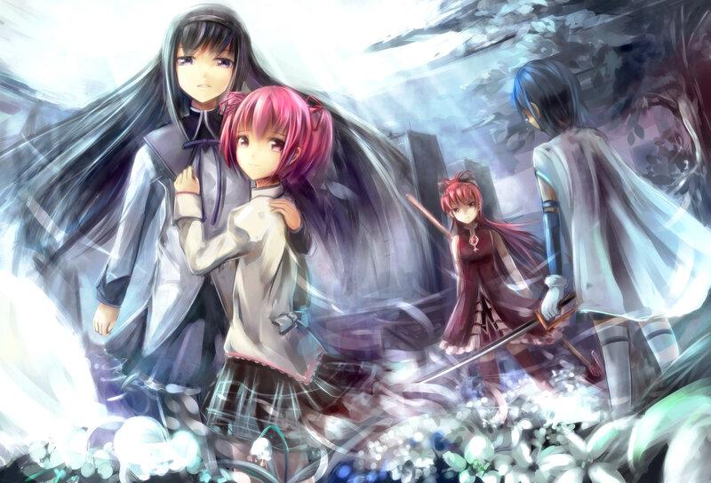 Three Anime Girls in a Forest — White