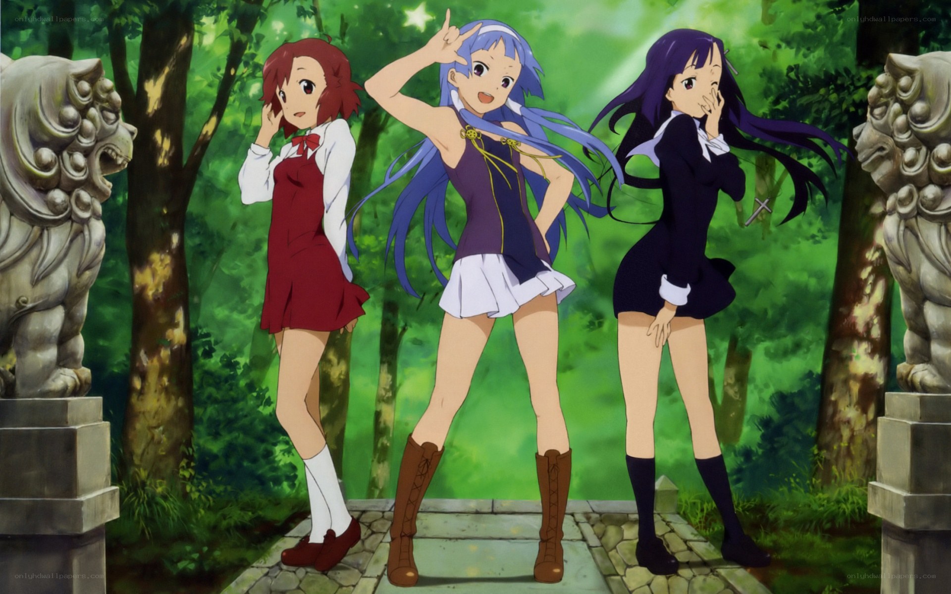 Three anime girls in a forest
