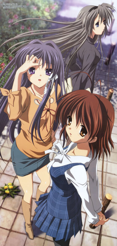 Three anime girls in a garden