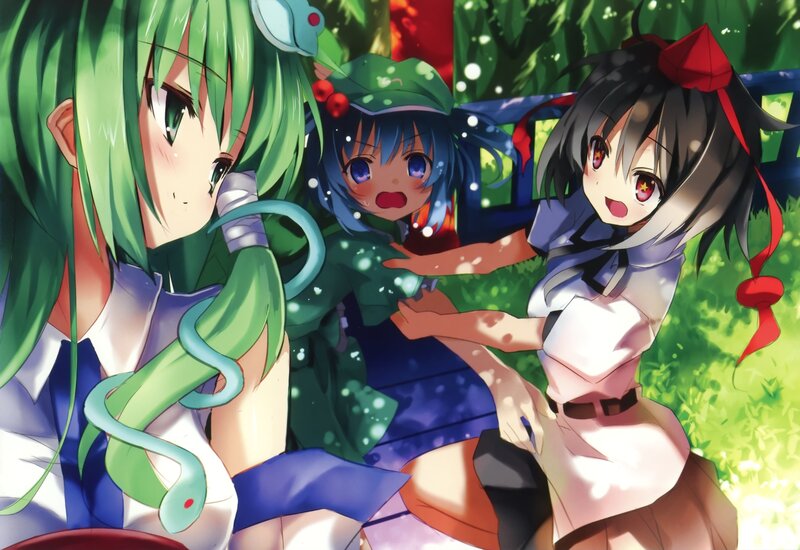 Three anime girls in a garden