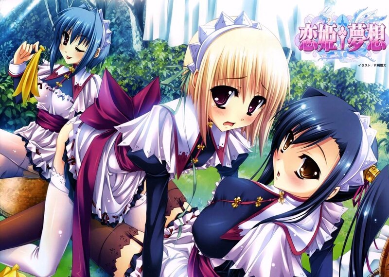 Three anime girls in a garden