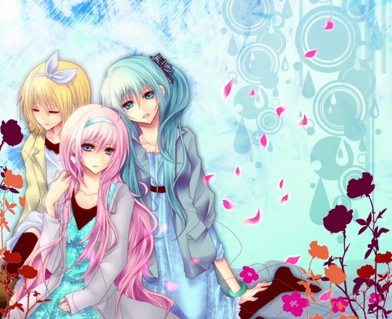 three anime girls in a garden