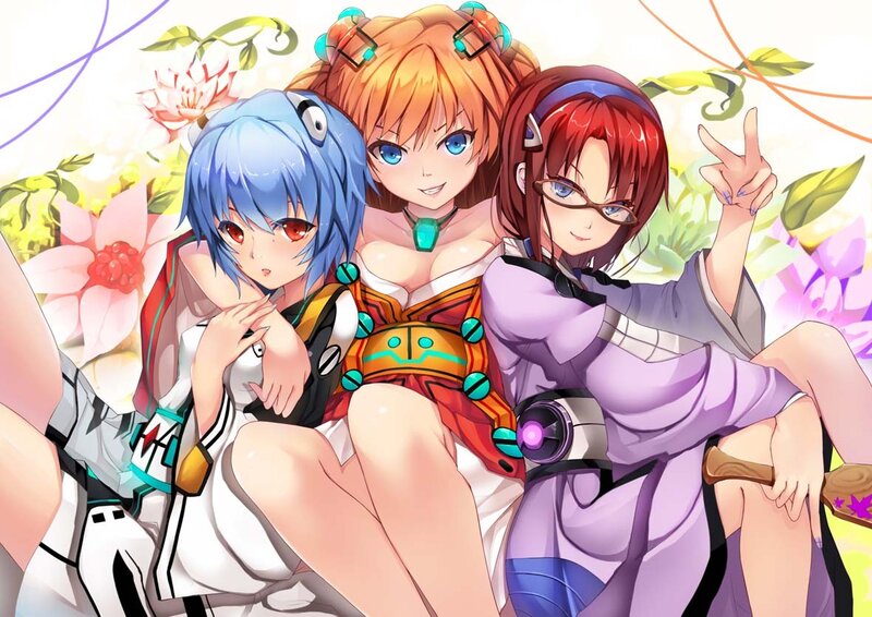 Three anime girls in a garden