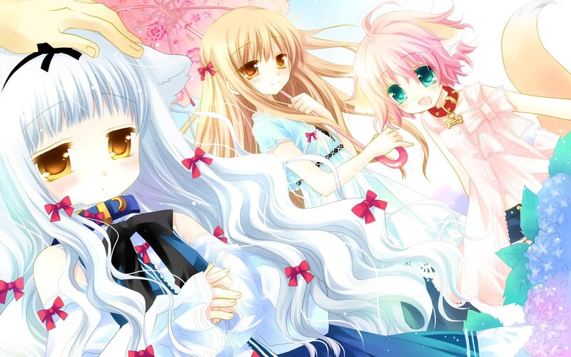 three anime girls in a garden