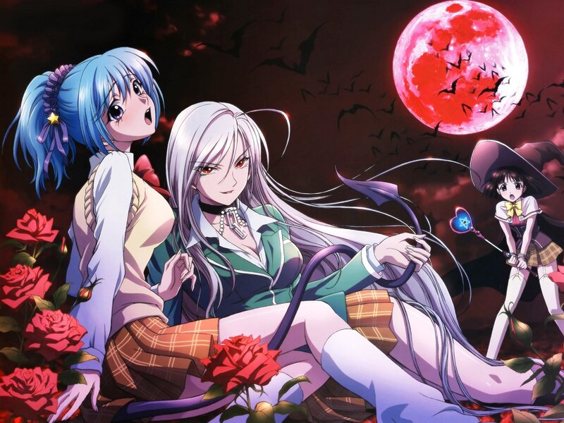 Three Anime Girls in a Garden — Red