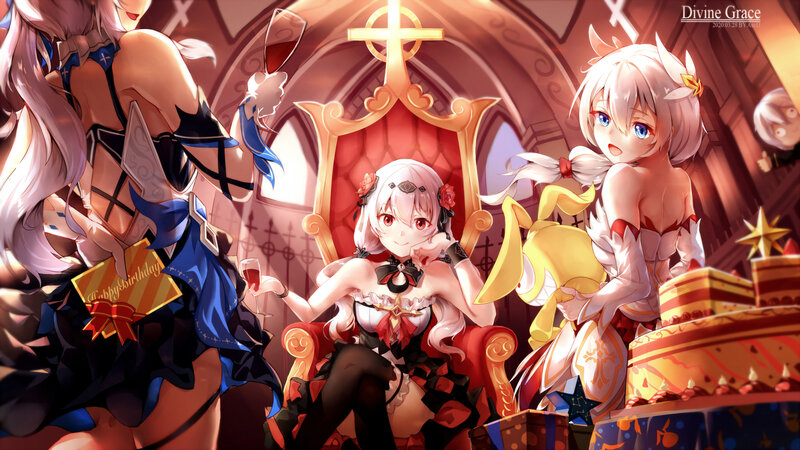 Three Anime Girls in a Hall — Red