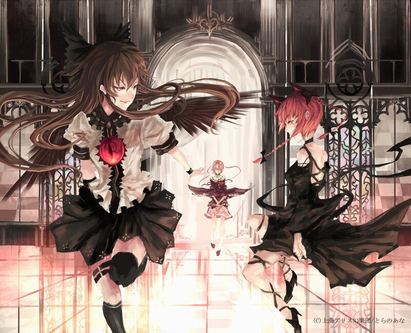 Three Anime Girls in a Hall