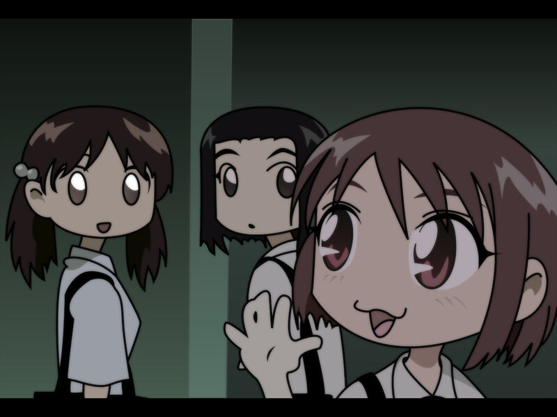 three anime girls in a hallway