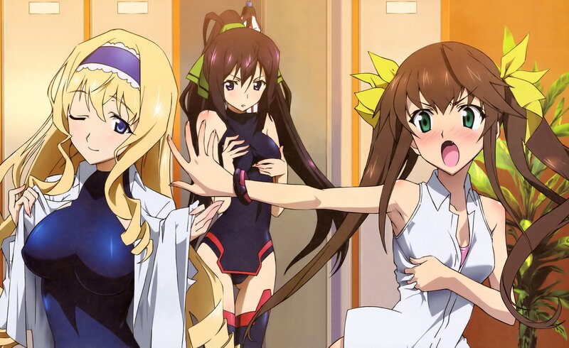 Three anime girls in a hallway