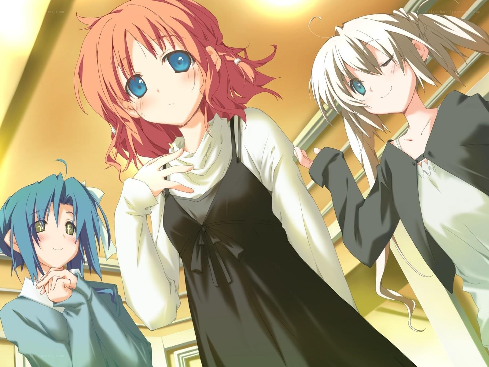 three anime girls in a hallway