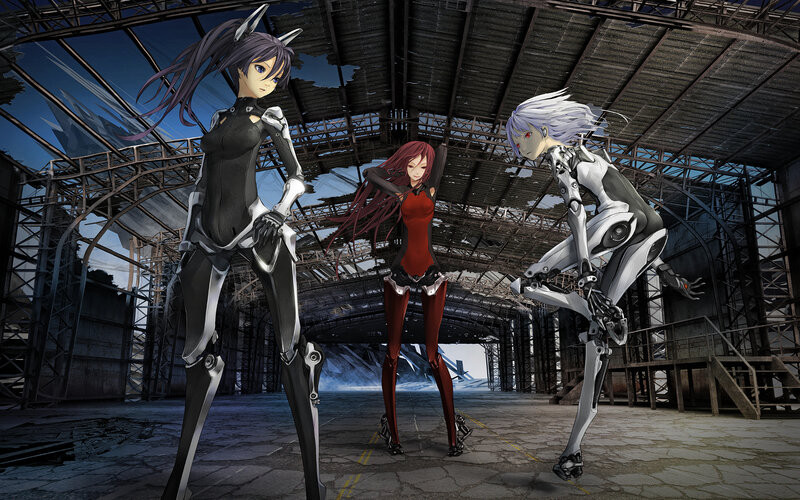 Three anime girls in a hangar
