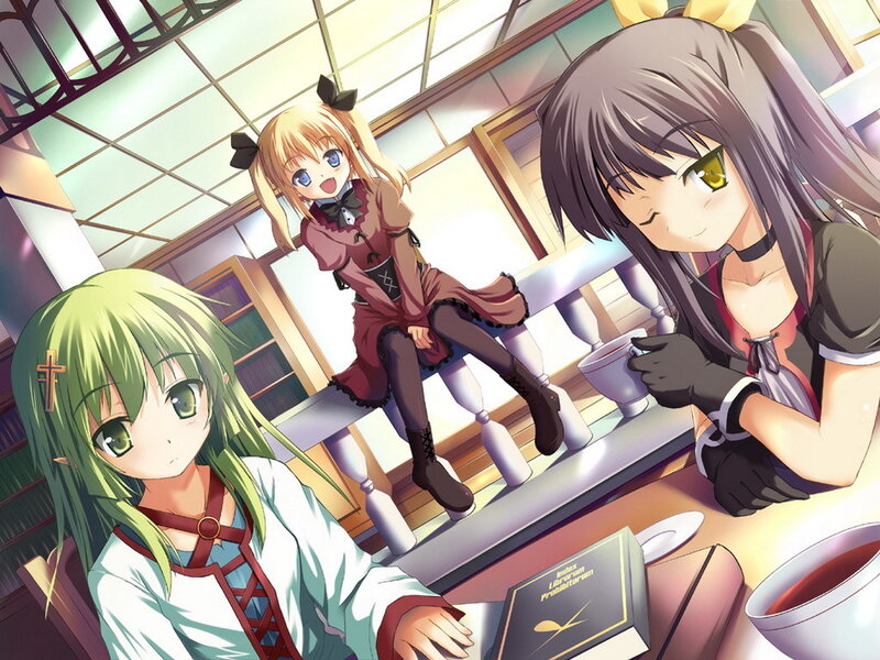 Three Anime Girls in a Library