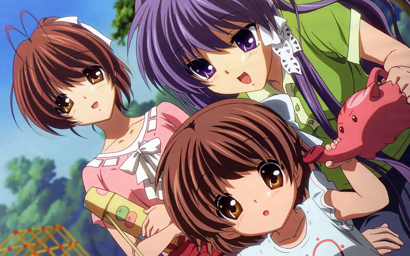 Three anime girls in a park
