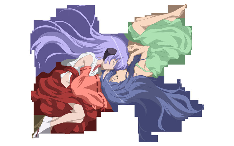 three anime girls in a pile