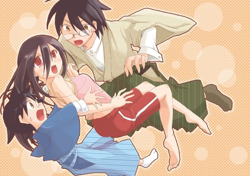 Three anime girls in a pile-up