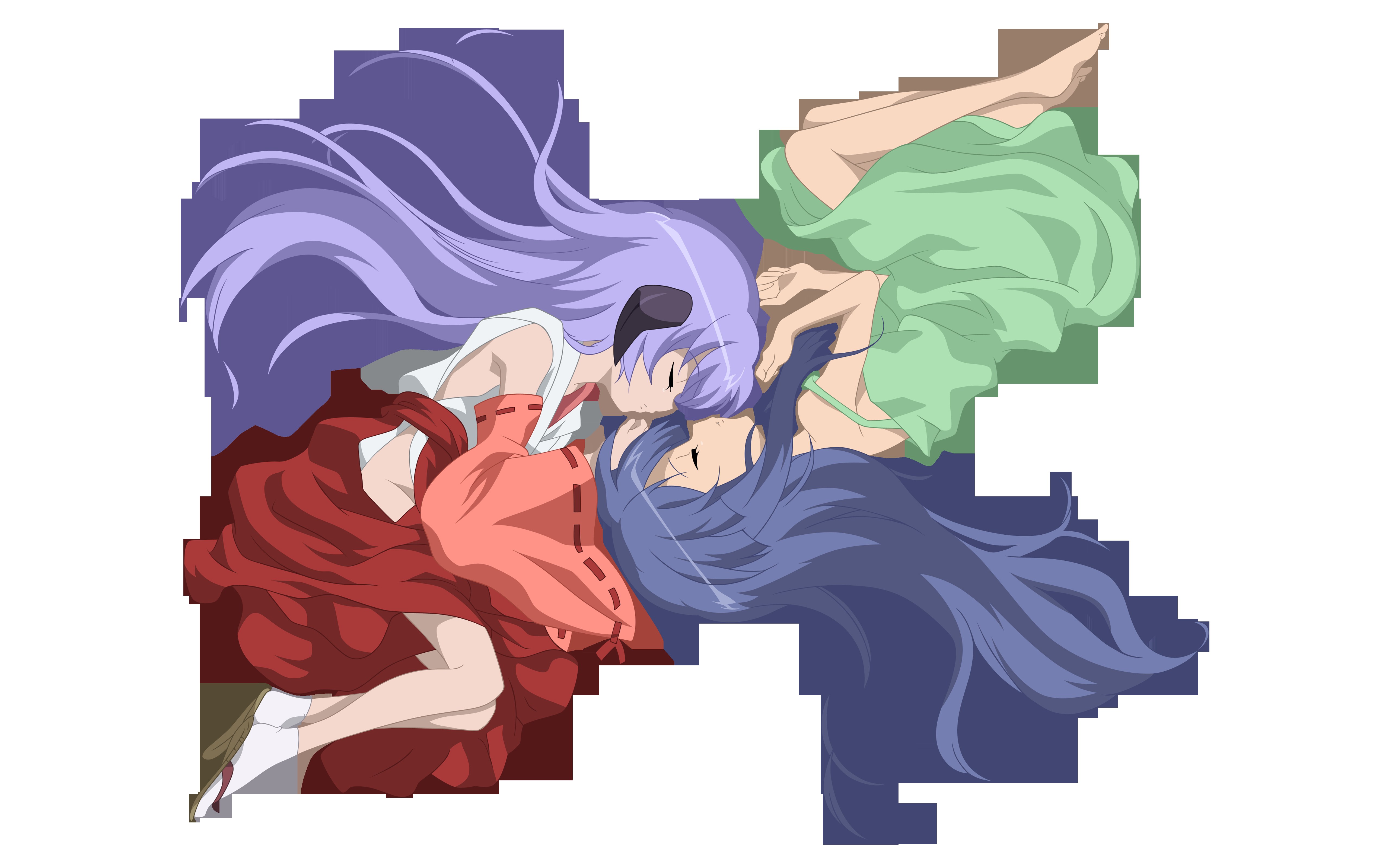 three anime girls in a pile
