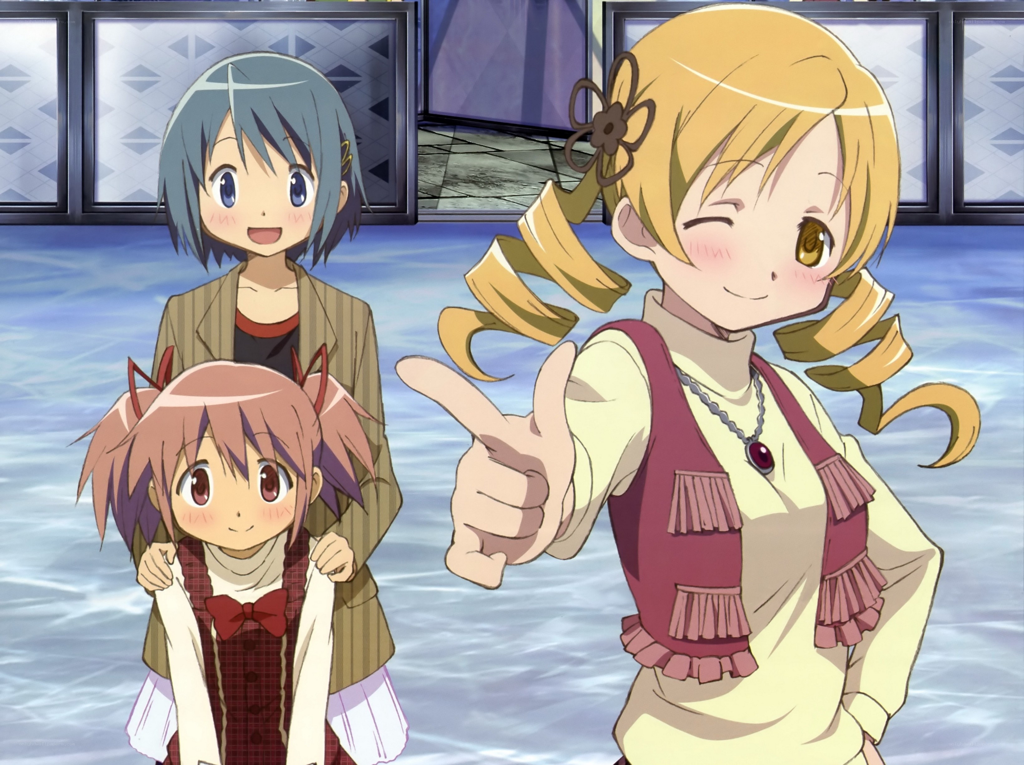 Three anime girls in a room