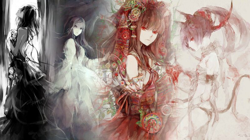 Three Anime Girls in a Scene — Red