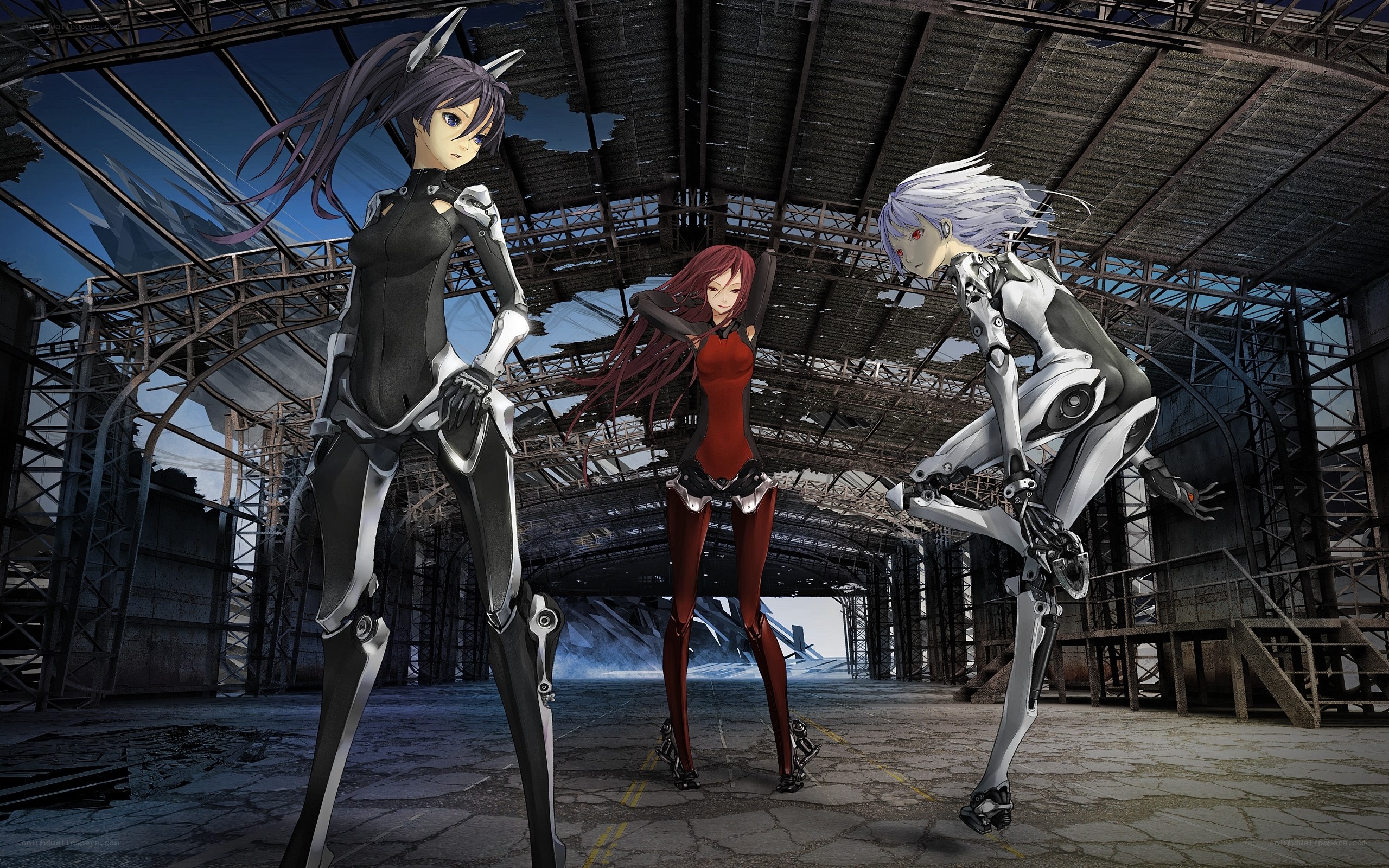 Three anime girls in a warehouse
