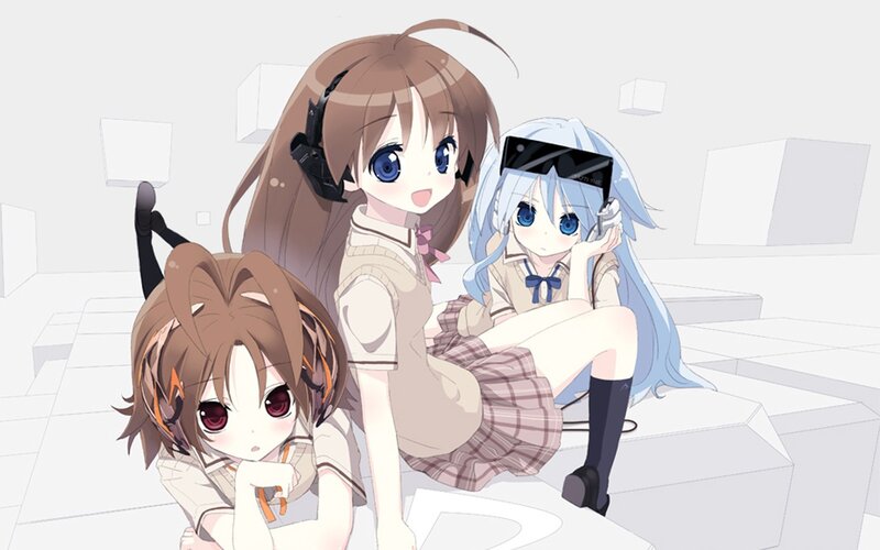 three anime girls in a white room