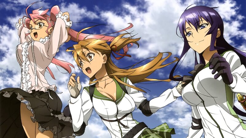Three Anime Girls in Action — Blue, Dynamic, Afternoon, Sky