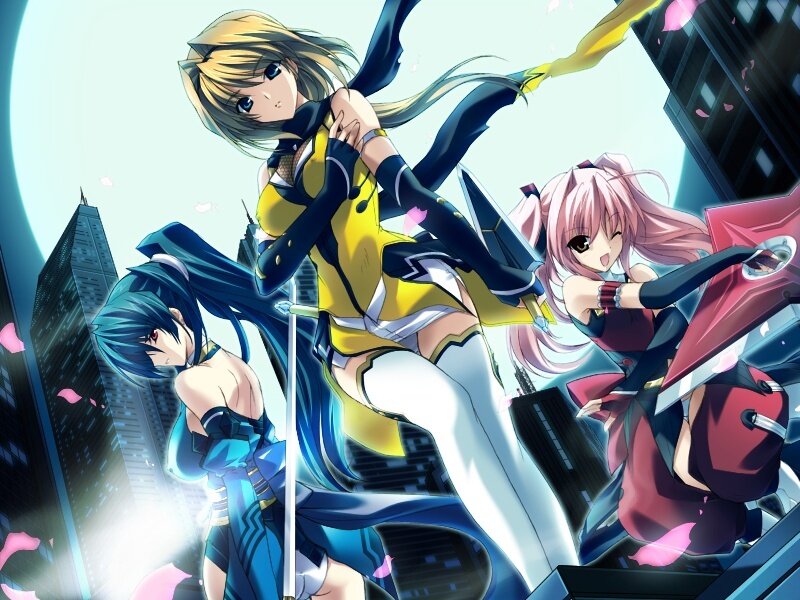 Three Anime Girls in Action — Blue