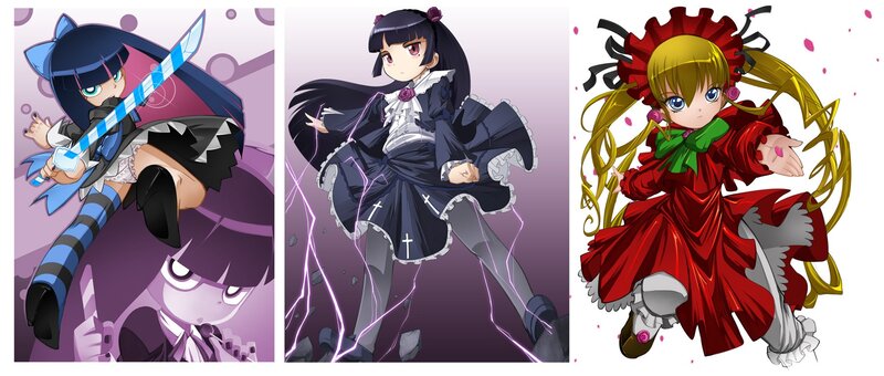 Three anime girls in action poses