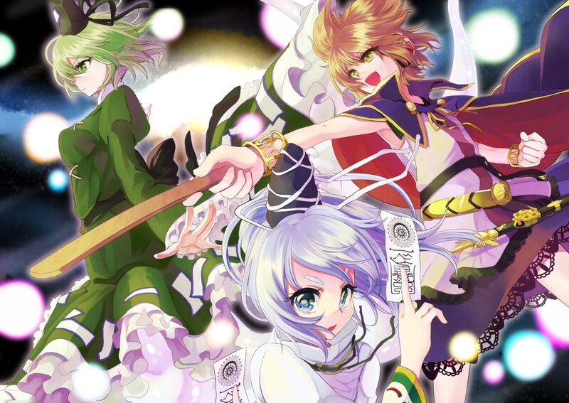 Three Anime Girls in Action — Purple, Dramatic, Night, Swords, Magic