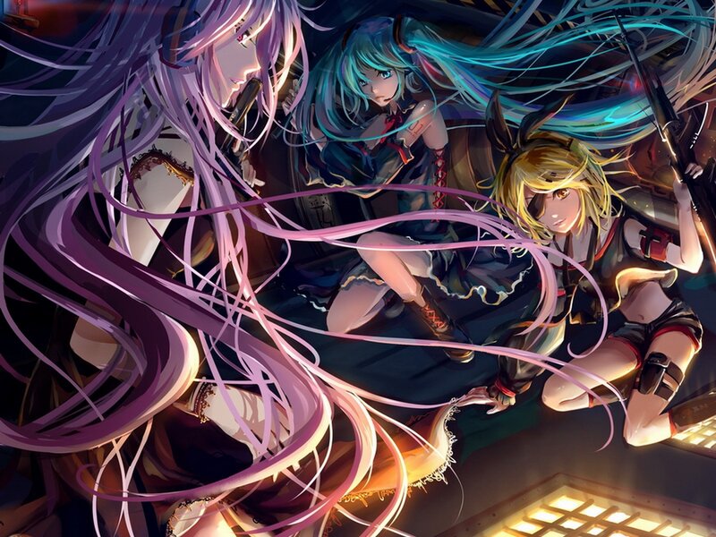 Three Anime Girls in Action — Purple, Dramatic