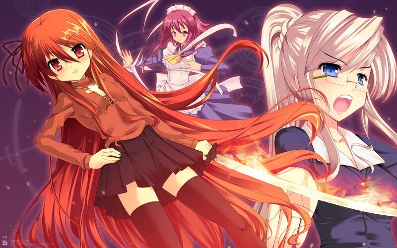 Three Anime Girls in Action — Red, Dramatic, Night