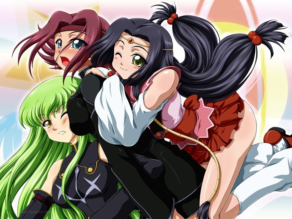 three anime girls in action