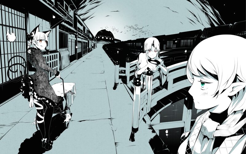 Three Anime Girls in Alley — Black, Dramatic