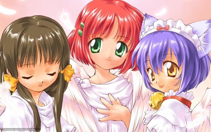 three anime girls in angel costumes