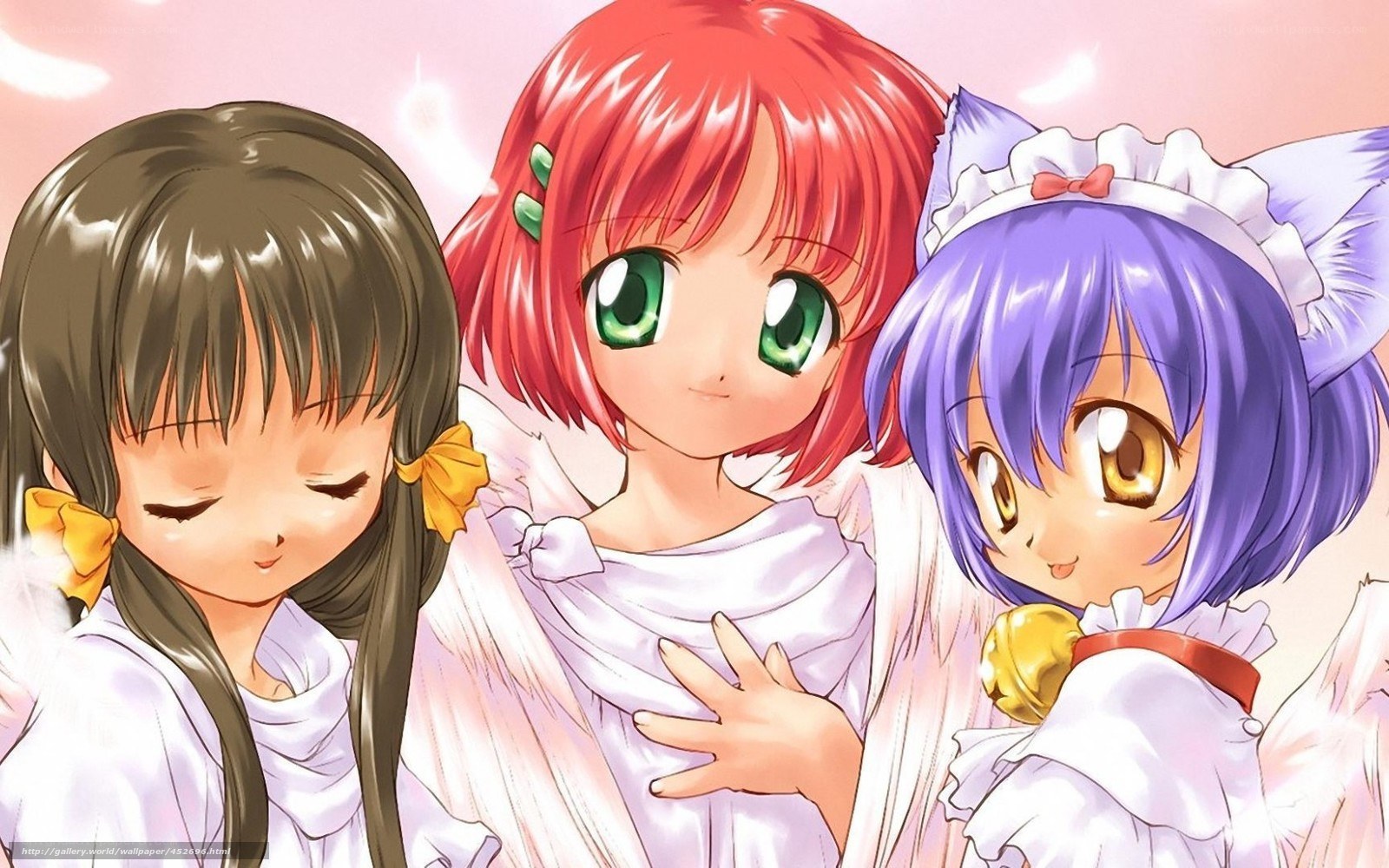 three anime girls in angel costumes
