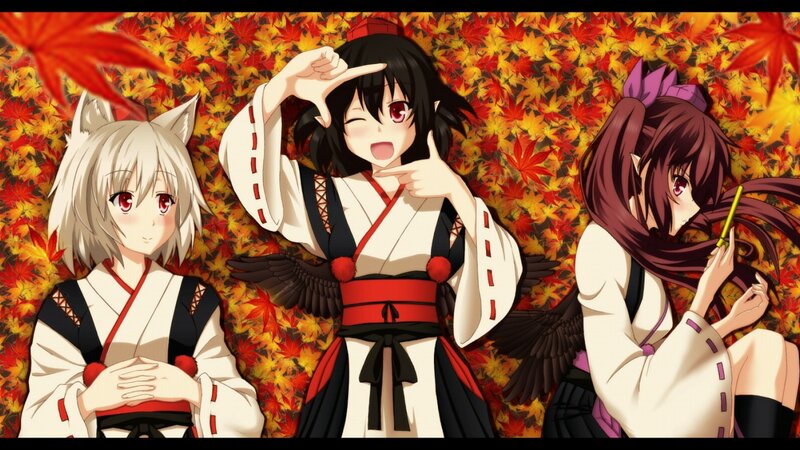 Three anime girls in autumn