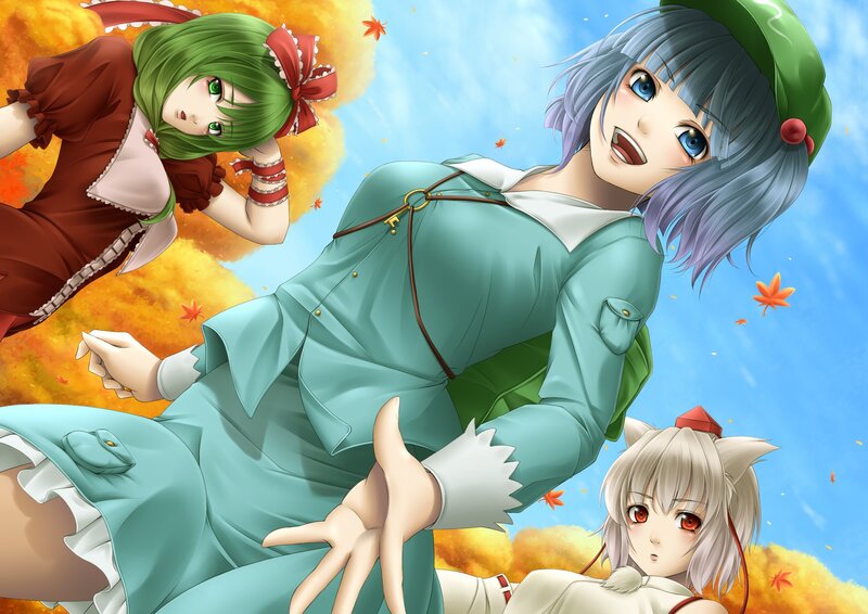 Three anime girls in autumn