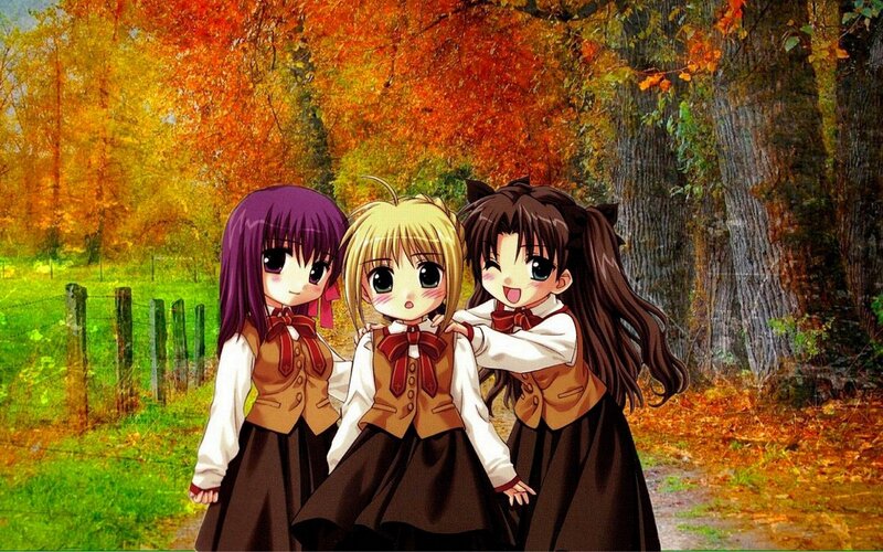 Three Anime Girls in Autumn — Orange