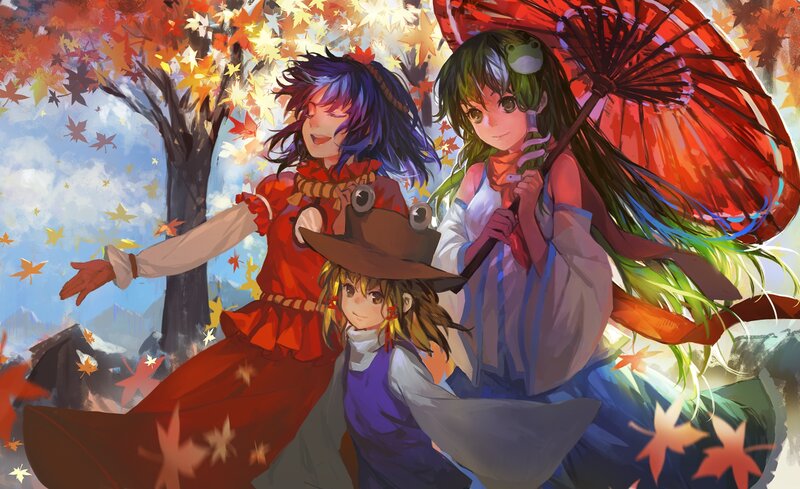 Three Anime Girls in Autumn — Red, Peaceful