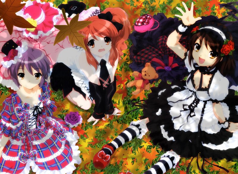 Three Anime Girls in Autumn — Red, Playful