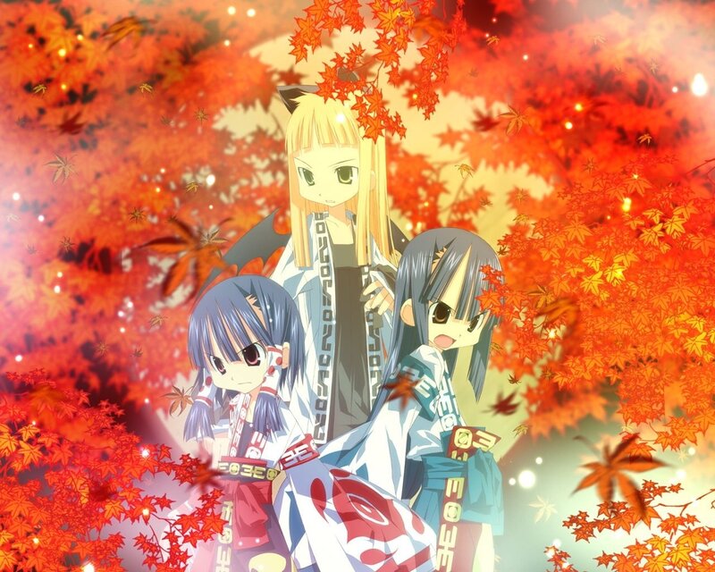 Three Anime Girls in Autumn — Red, Serene