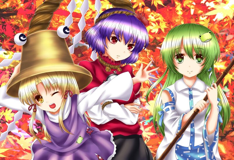 Three anime girls in autumn